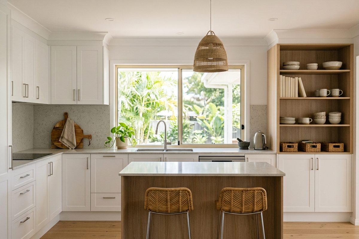 An illustrated modern kitchen with white cabinetry, a timber island and open shelving.