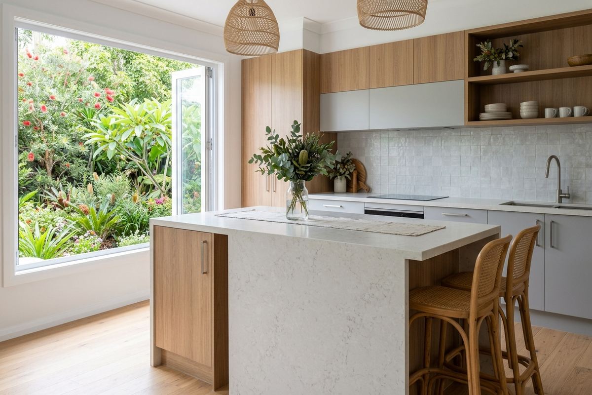 An illustrated modern kitchen with timber and grey cabinetry and a stone-look island benchtop.